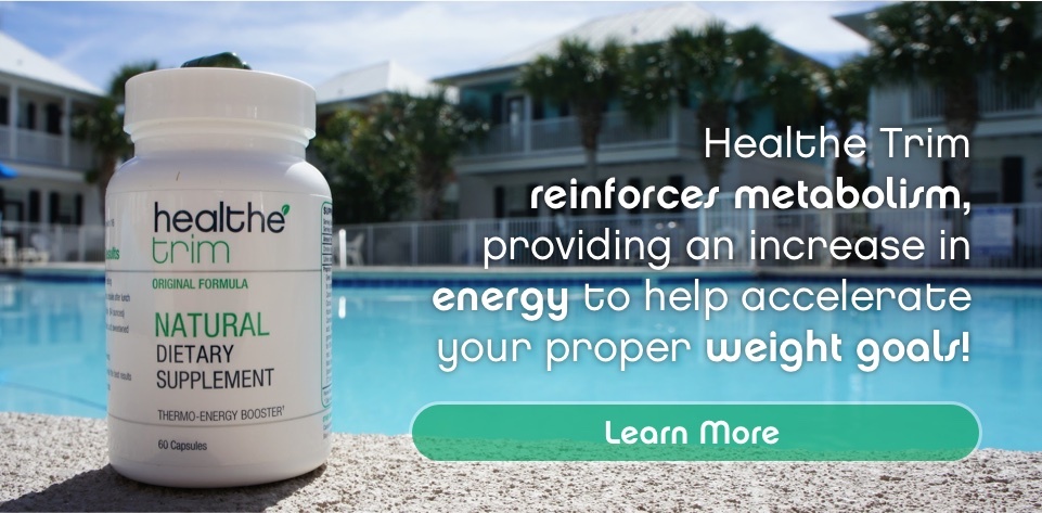 A bottle of Healthe Trim by a pool that is used for ideal weight management, controlling belly fat, and boost energy.